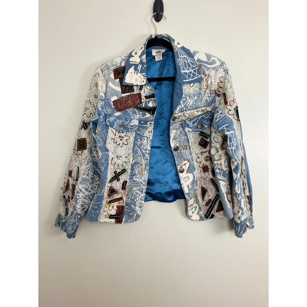 Sandy Starkman Art to Wear Denim Jacket Womens Large Blue Embellished Beaded L